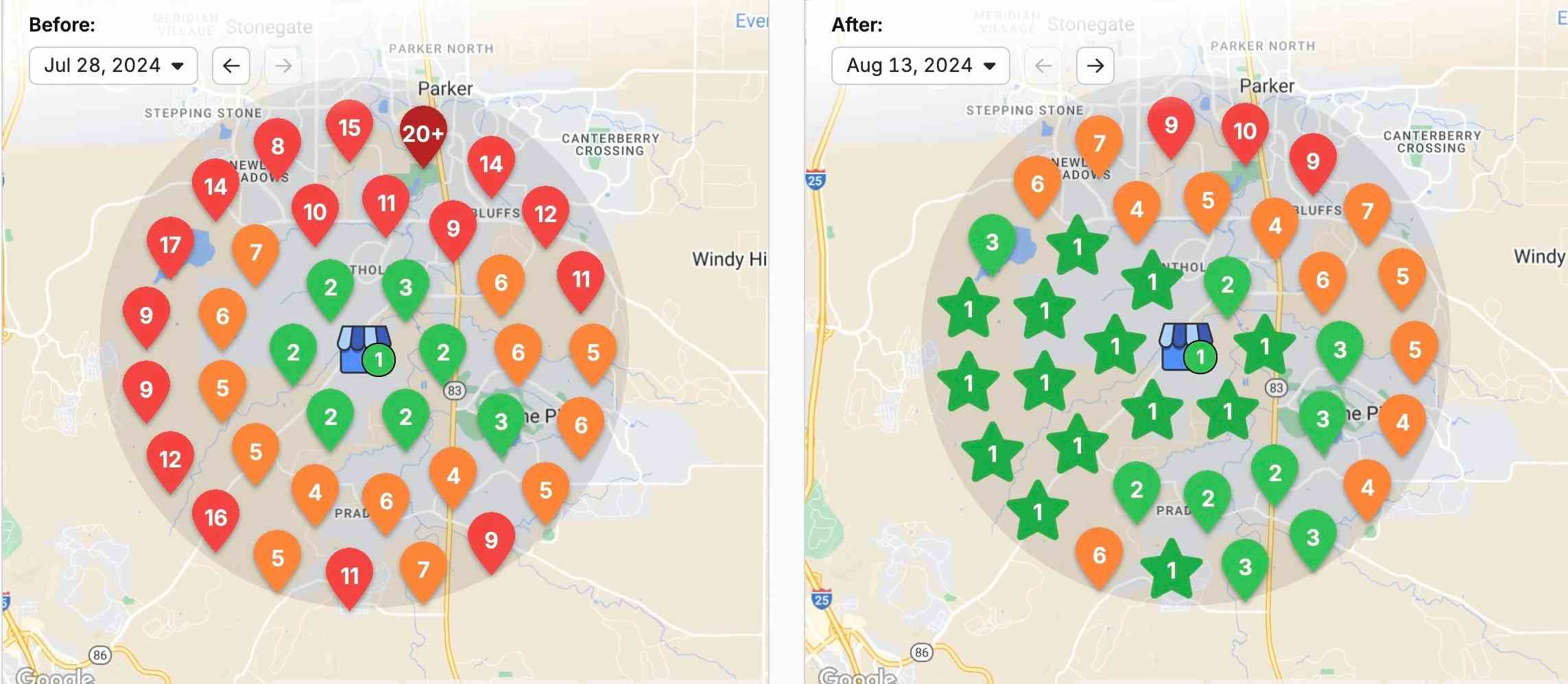 Advanced SEO software interface showing keyword ranking improvements on a map